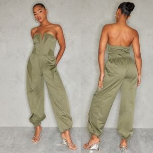 Pretty Little Thing Khaki Contrast Panel V Bar Cargo Jumpsuit